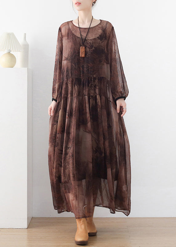Chocolate O-neck Print Chiffon Long Dress and Spaghetti Strap Dress Two Pieces Set Long Sleeve