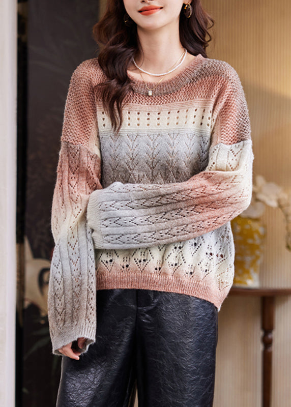 Coffee O-neck Print Cotton Knit Sweater Spring