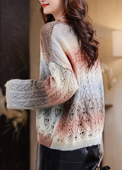 Coffee O-neck Print Cotton Knit Sweater Spring