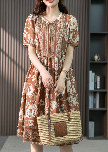 Coffee O-neck Print Patchwork Silk Long Dress Summer
