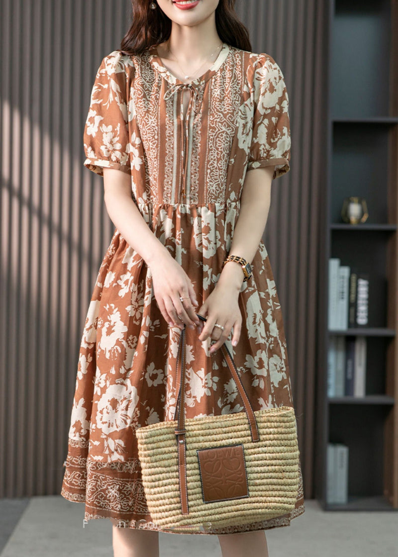 Coffee O-neck Print Patchwork Silk Long Dress Summer