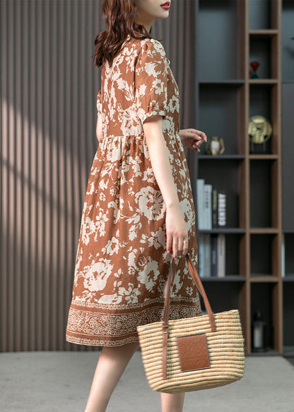 Coffee O-neck Print Patchwork Silk Long Dress Summer