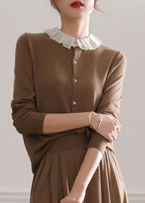 Chocolate O-neck Ruffled Patchwork Cashmere Cardigans Spring