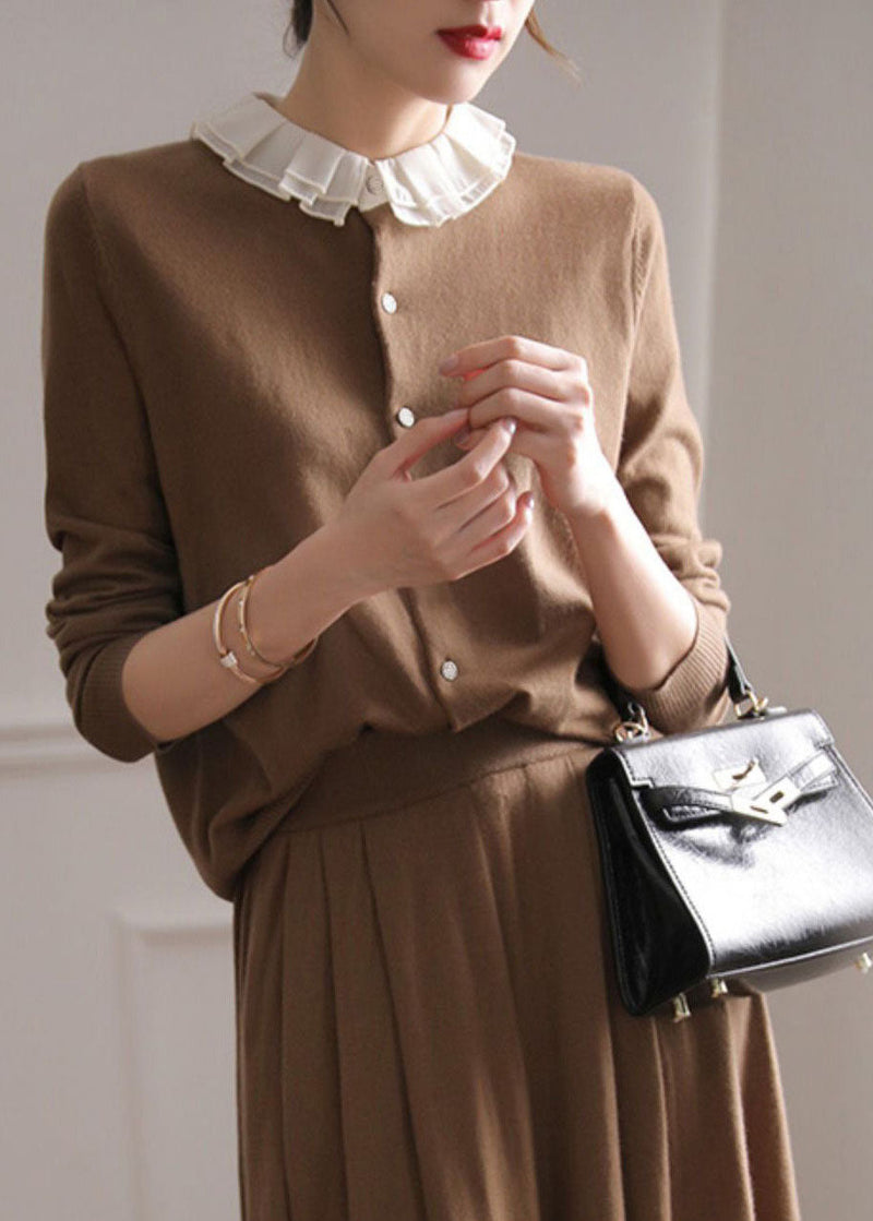 Chocolate O-neck Ruffled Patchwork Cashmere Cardigans Spring