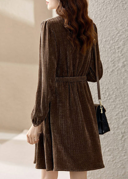 Coffee O Neck Sashes Patchwork Silk Velour Mid Dress Spring