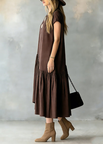 Coffee O-neck Wrinkled Patchwork Long Dresses Short Sleeve