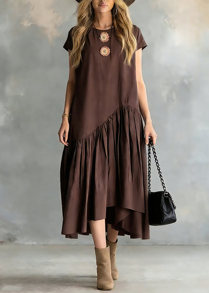 Coffee O-neck Wrinkled Patchwork Long Dresses Short Sleeve