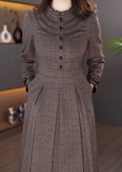 Coffee Patchwork Button Maxi Dress Spring