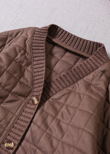 Chocolate Patchwork Fine Cotton Filled Jacket in Winter V Neck