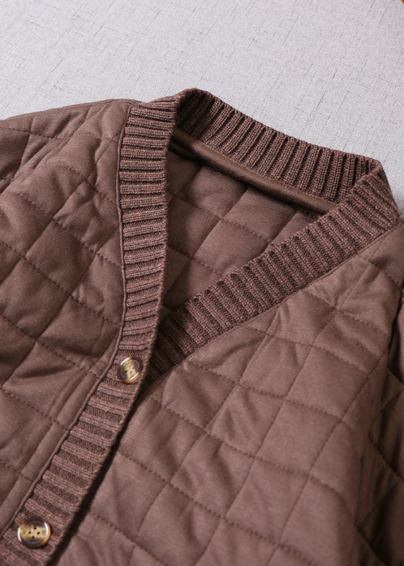 Chocolate Patchwork Fine Cotton Filled Jacket in Winter V Neck
