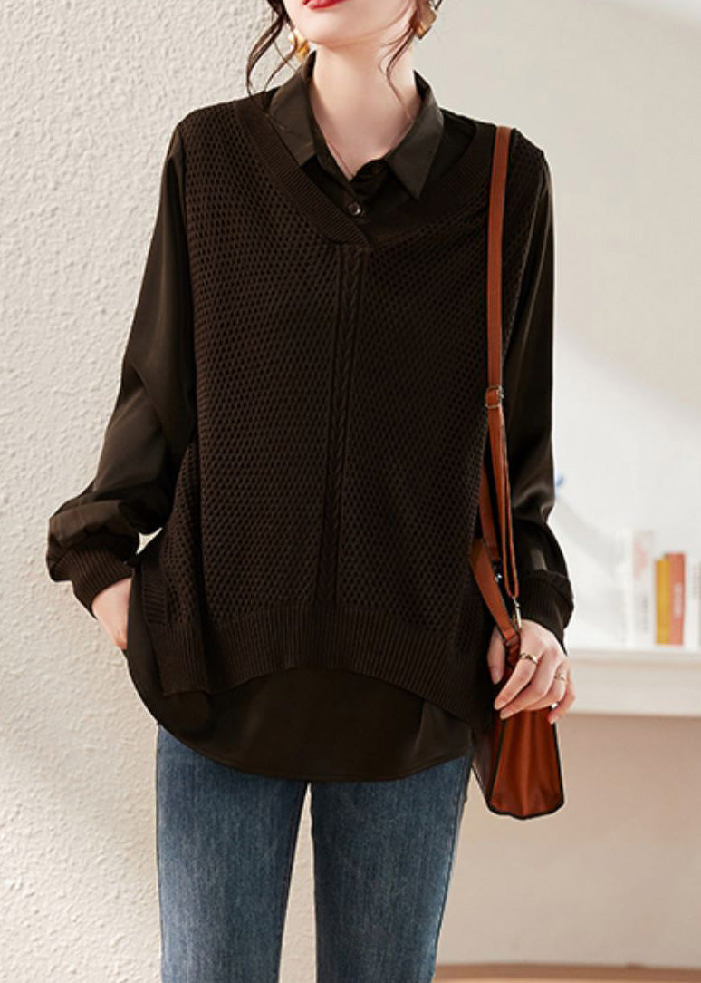 Coffee Peter Pan Collar Knit Patchwork Satin Shirts Long Sleeve