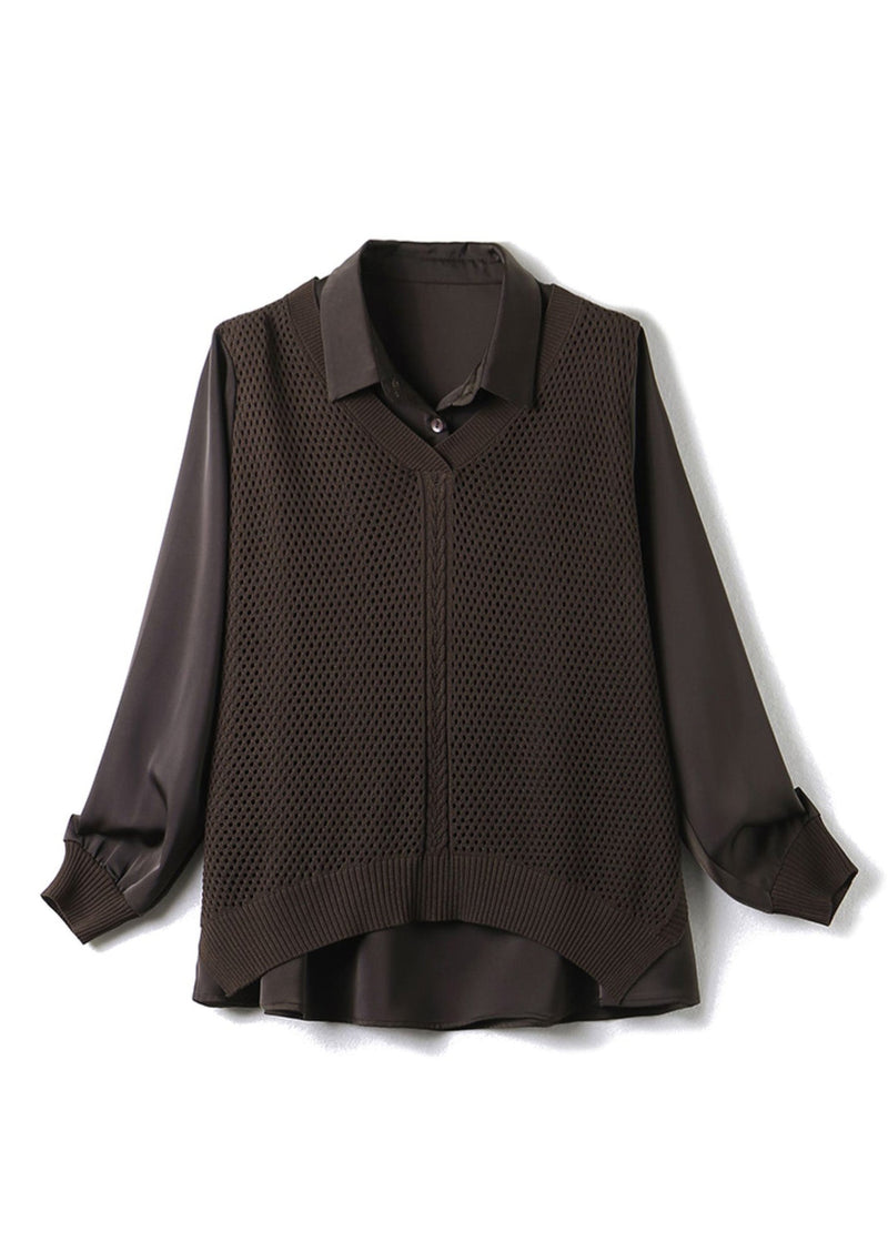 Coffee Peter Pan Collar Knit Patchwork Satin Shirts Long Sleeve