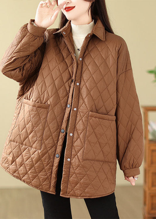 Coffee Peter Pan Collar Pockets Plaid Patchwork Parkas Long Sleeve