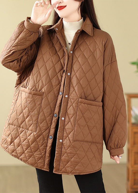 Coffee Peter Pan Collar Pockets Plaid Patchwork Parkas Long Sleeve