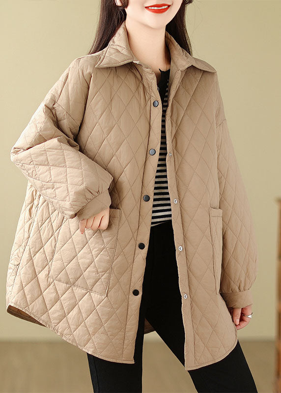 Coffee Peter Pan Collar Pockets Plaid Patchwork Parkas Long Sleeve