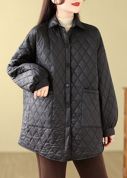 Coffee Peter Pan Collar Pockets Plaid Patchwork Parkas Long Sleeve
