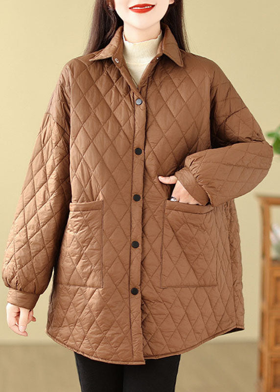 Coffee Peter Pan Collar Pockets Plaid Patchwork Parkas Long Sleeve