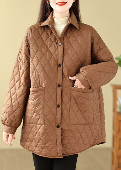 Coffee Peter Pan Collar Pockets Plaid Patchwork Parkas Long Sleeve