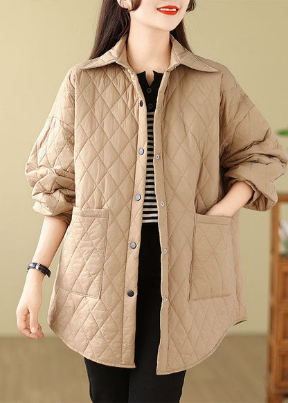 Coffee Peter Pan Collar Pockets Plaid Patchwork Parkas Long Sleeve