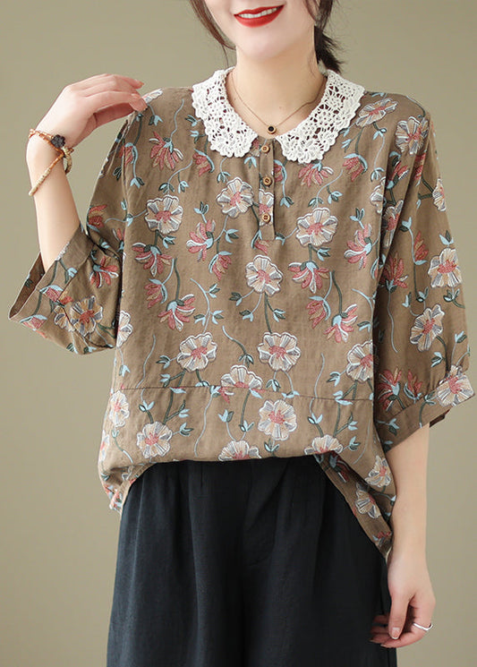 Coffee Peter Pan Collar Print Cotton Shirt Summer