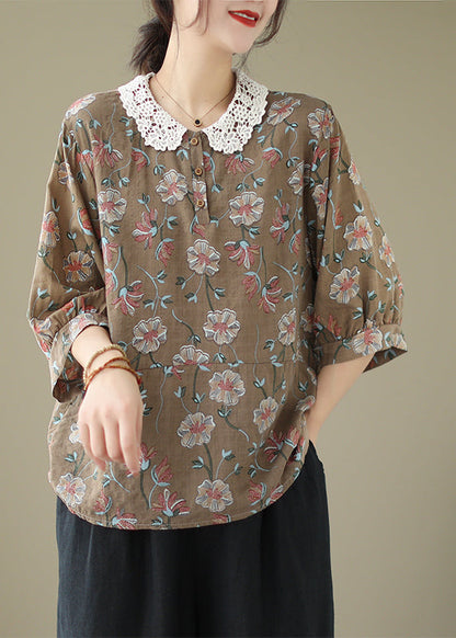 Coffee Peter Pan Collar Print Cotton Shirt Summer