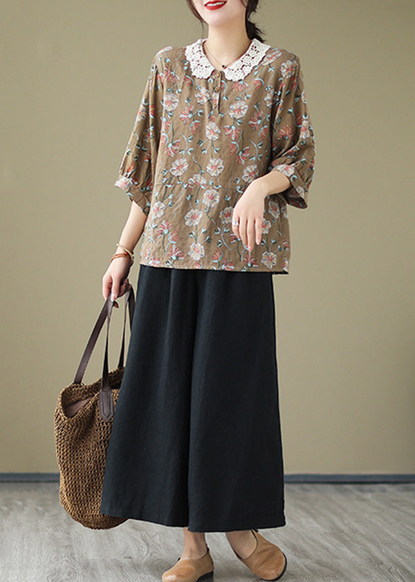 Coffee Peter Pan Collar Print Cotton Shirt Summer
