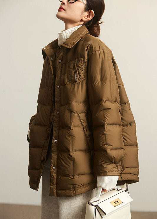 Coffee Peter Pan Collar Zippered Patchwork Button Duck Down Jackets Winter