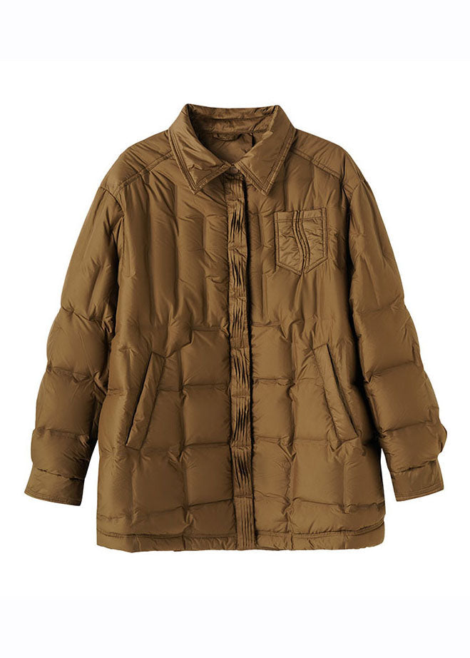 Coffee Peter Pan Collar Zippered Patchwork Button Duck Down Jackets Winter