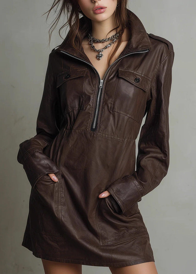 Coffee Peter Pan Collar Zippered Patchwork Faux Leather Mid Dress Spring