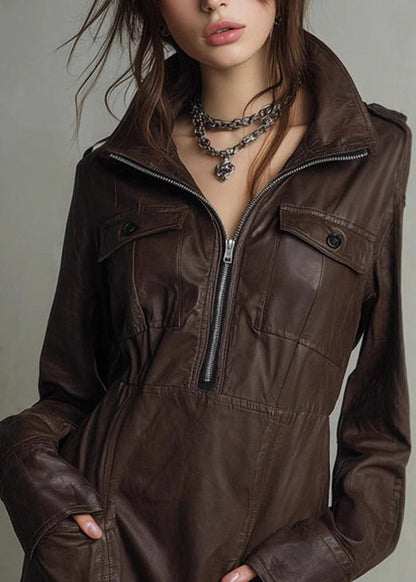 Coffee Peter Pan Collar Zippered Patchwork Faux Leather Mid Dress Spring