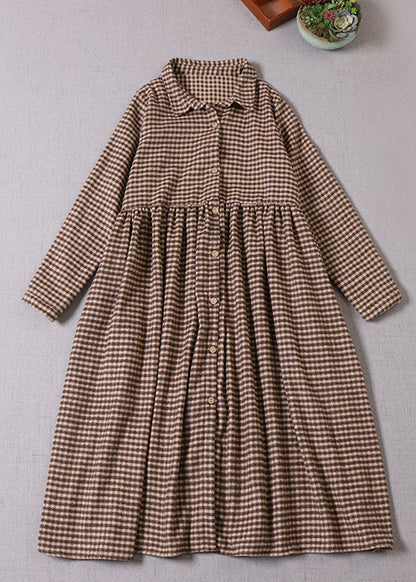 Chocolate Plaid Peter Pan Collar Cotton Dress Winter