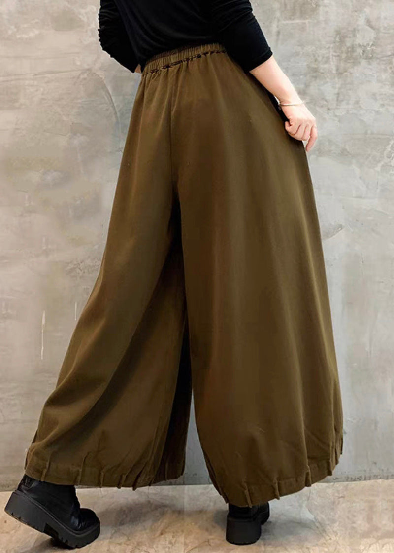 Coffee Pockets Elastic Waist Cotton Crop Pants Spring