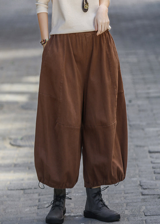 Coffee Pockets Elastic Waistk Cotton Crop Pants Summer