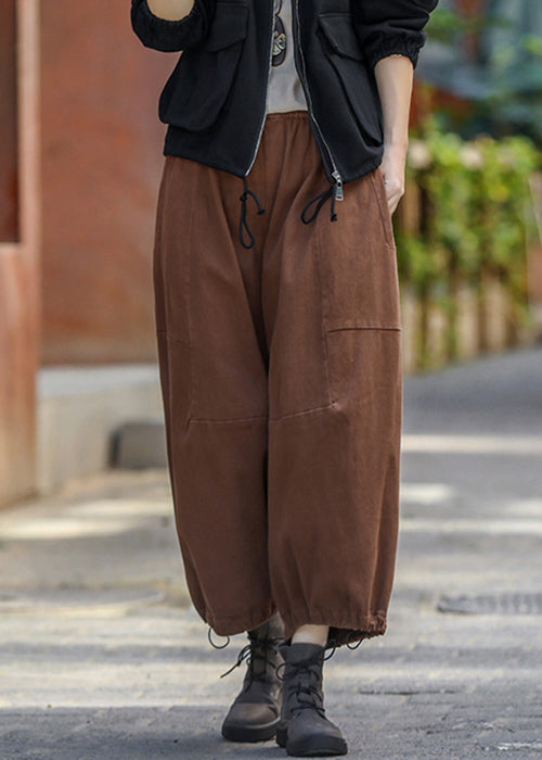 Coffee Pockets Elastic Waistk Cotton Crop Pants Summer