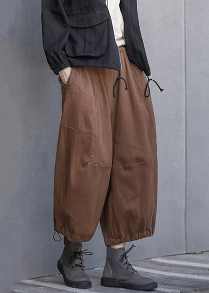Coffee Pockets Elastic Waistk Cotton Crop Pants Summer