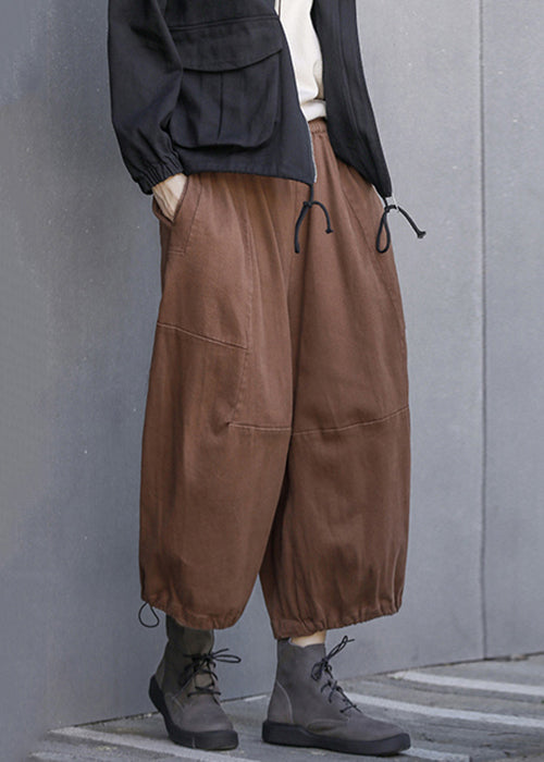 Coffee Pockets Elastic Waistk Cotton Crop Pants Summer