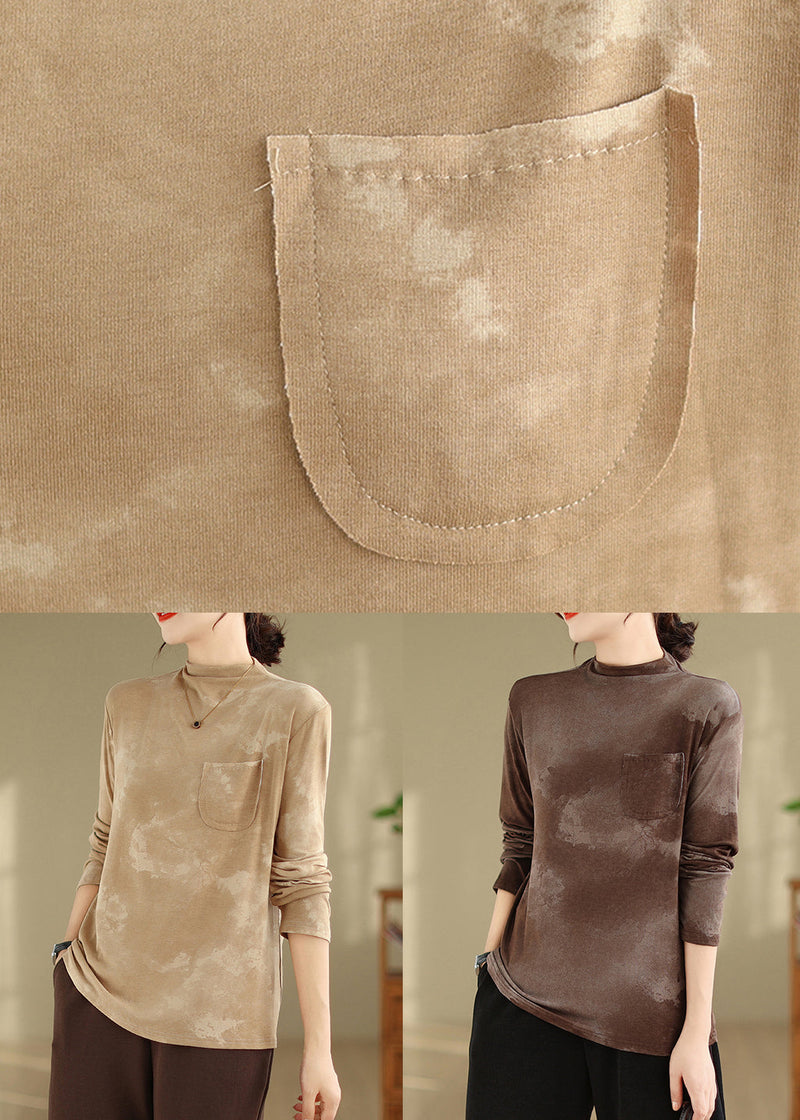 Coffee Pockets Patchwork Cotton T Shirt Fall