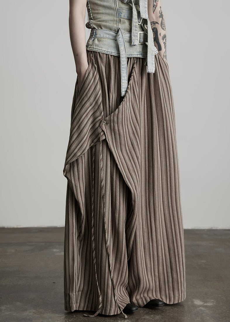 Coffee Pockets Striped False Two Pieces Cotton Pants Spring