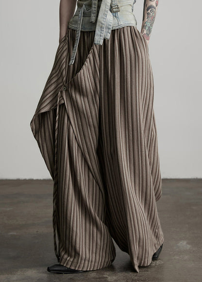 Coffee Pockets Striped False Two Pieces Cotton Pants Spring