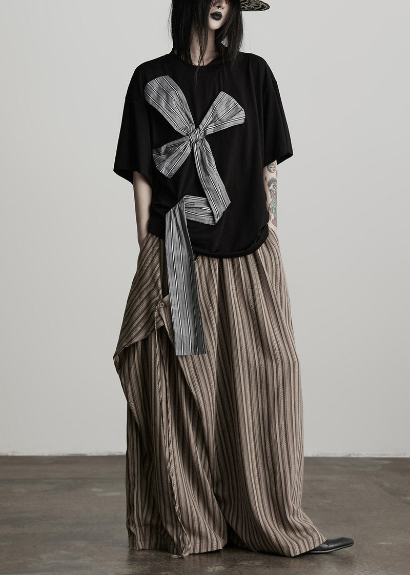 Coffee Pockets Striped False Two Pieces Cotton Pants Spring