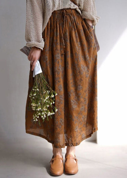 Coffee Print Pockets Elastic Waist Cotton Skirts Spring