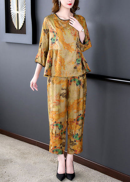 Coffee Print Wrinkled Tops and Pants Silk Two-piece Set Summer