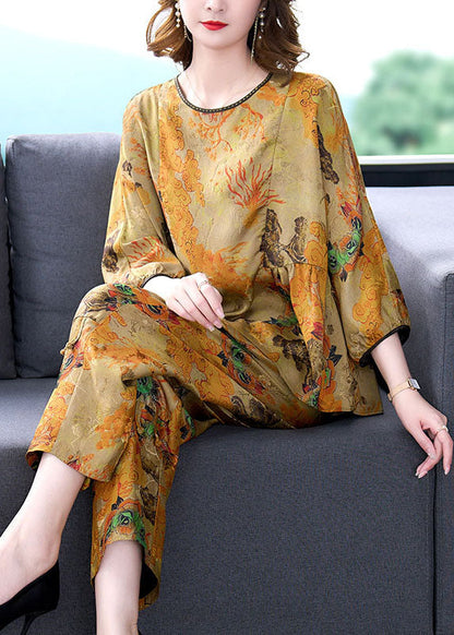 Coffee Print Wrinkled Tops and Pants Silk Two-piece Set Summer