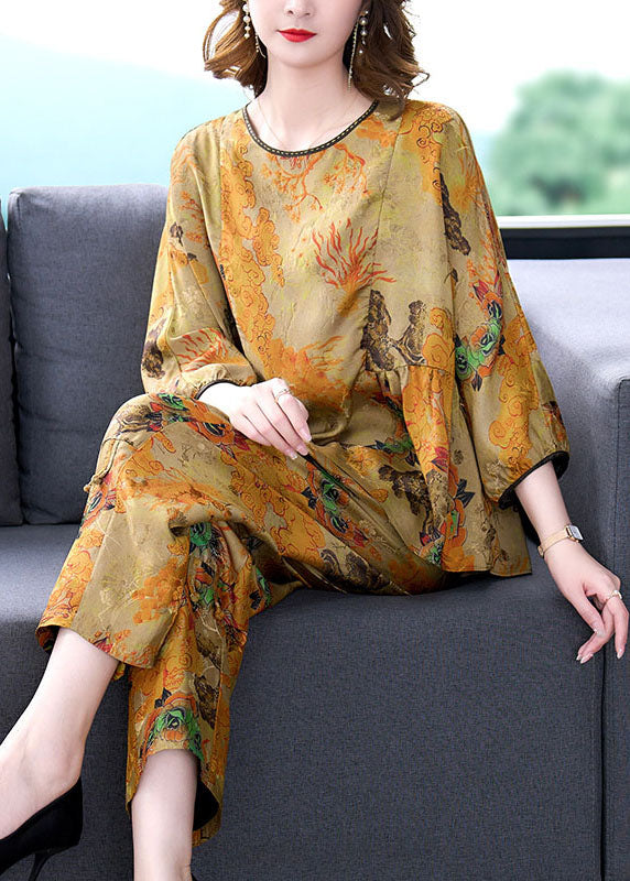 Coffee Print Wrinkled Tops and Pants Silk Two-piece Set Summer