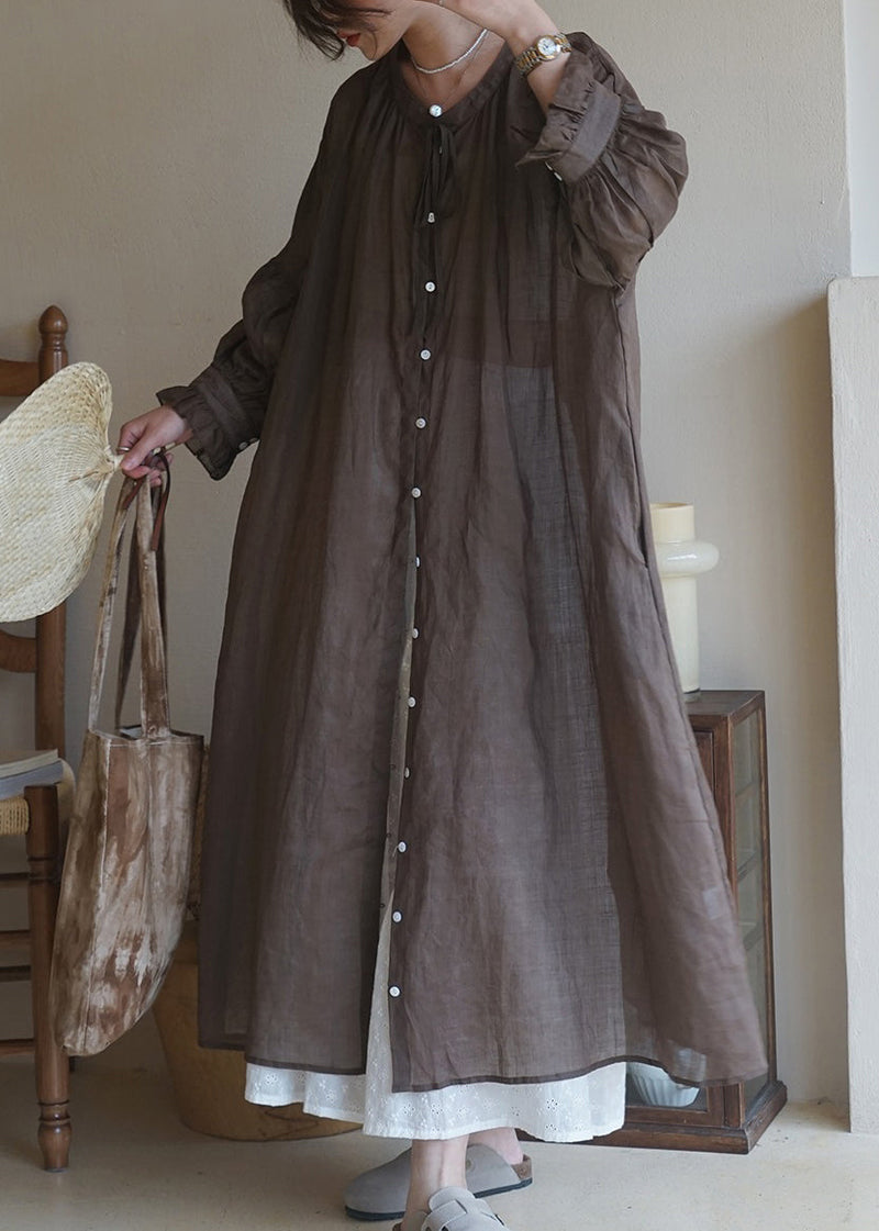 Coffee Ruffled Button Cotton Shirt Long Dresses Long Sleeve