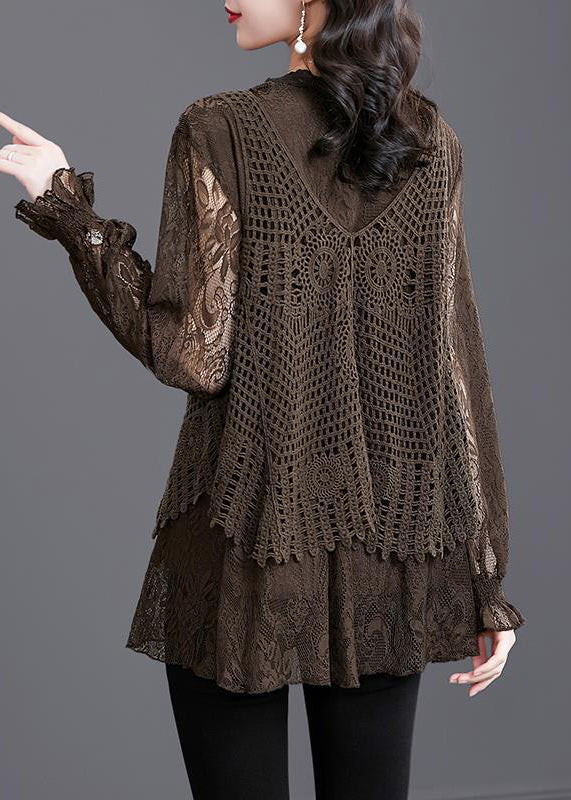 Coffee Ruffled Hollow Out Patchwork Knit Shirt Tops Fall