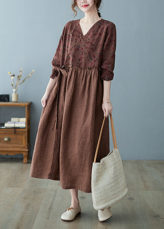 Coffee Ruffled Tie Waist Oriental Linen Dresses Spring
