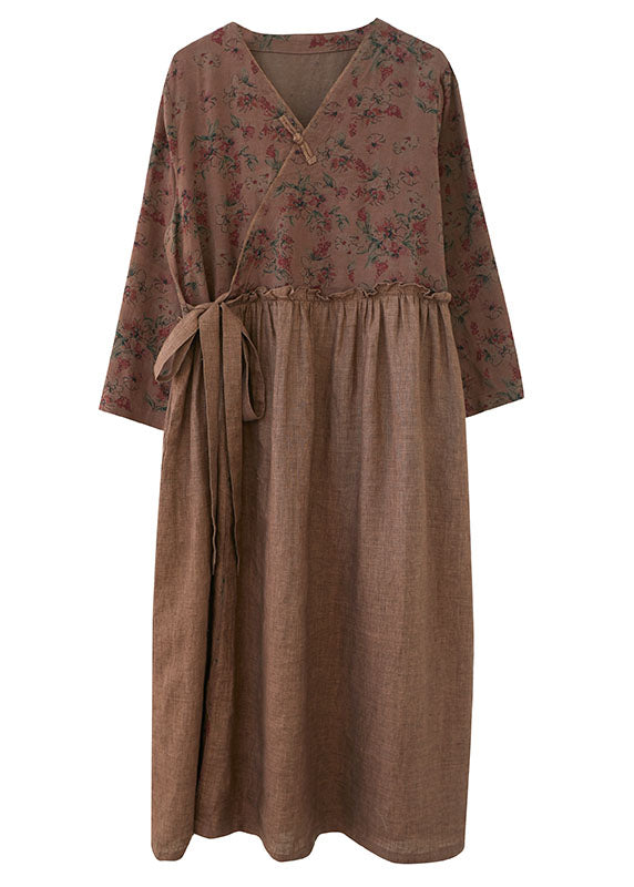 Coffee Ruffled Tie Waist Oriental Linen Dresses Spring