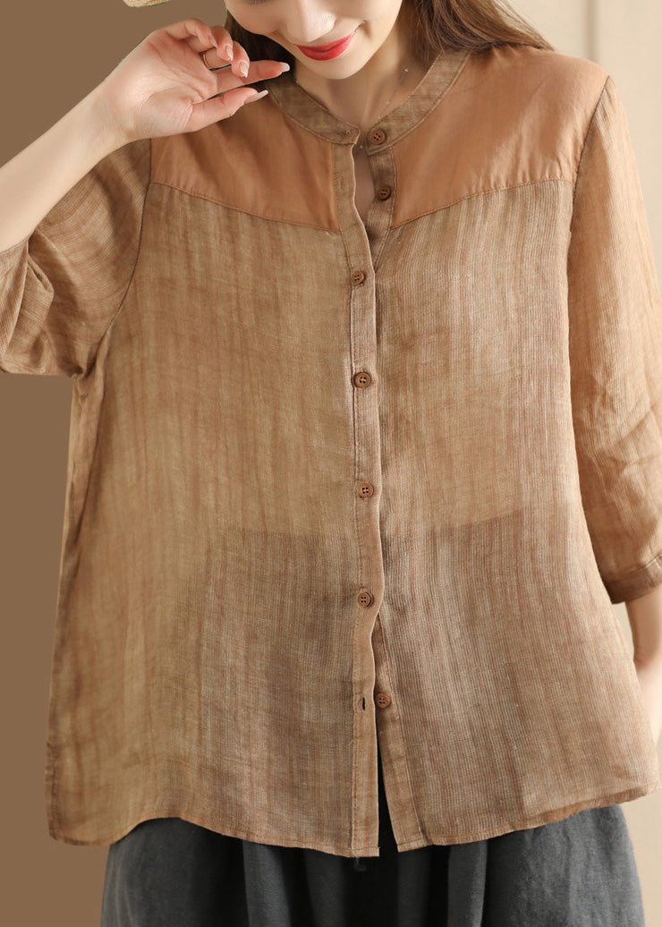Coffee Stand Collar Button Patchwork Linen Shirts Summer
