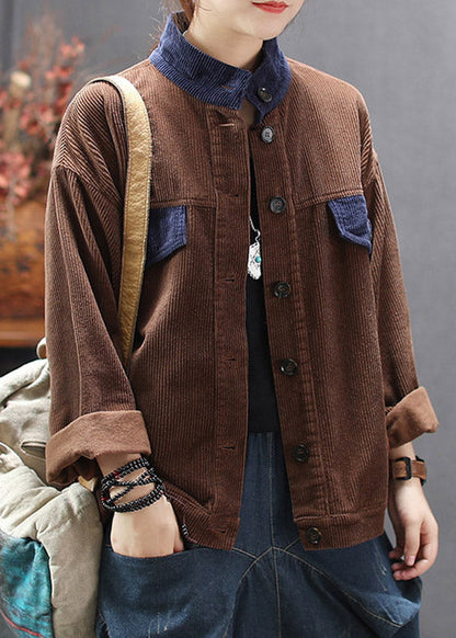 Chocolate Stand Collar Patchwork Corduroy Coats Spring